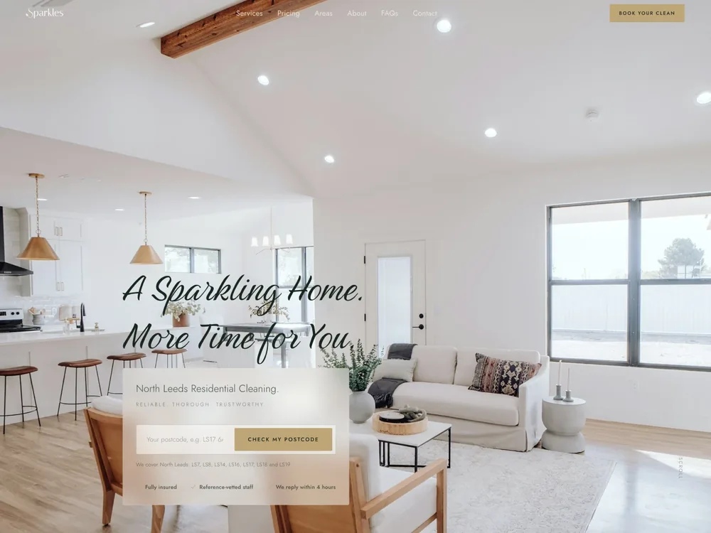 Sparkles residential cleaning company website homepage, North Leeds